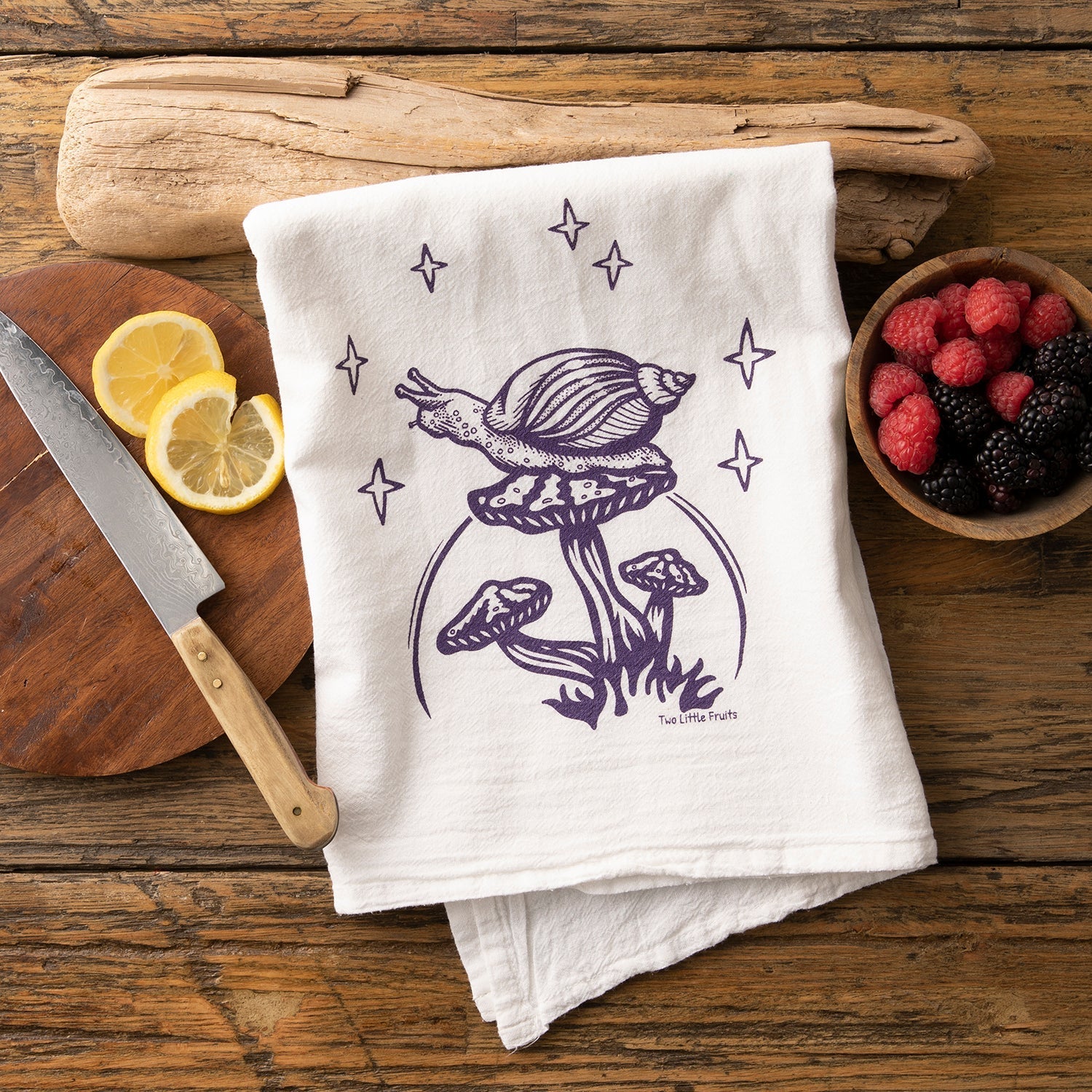 Unique Tea Towels - Eco - Friendly Cotton Mushroom Print with Moon, Stars & Snail Design - Tea Towels - Two Little Fruits - Two Little Fruits