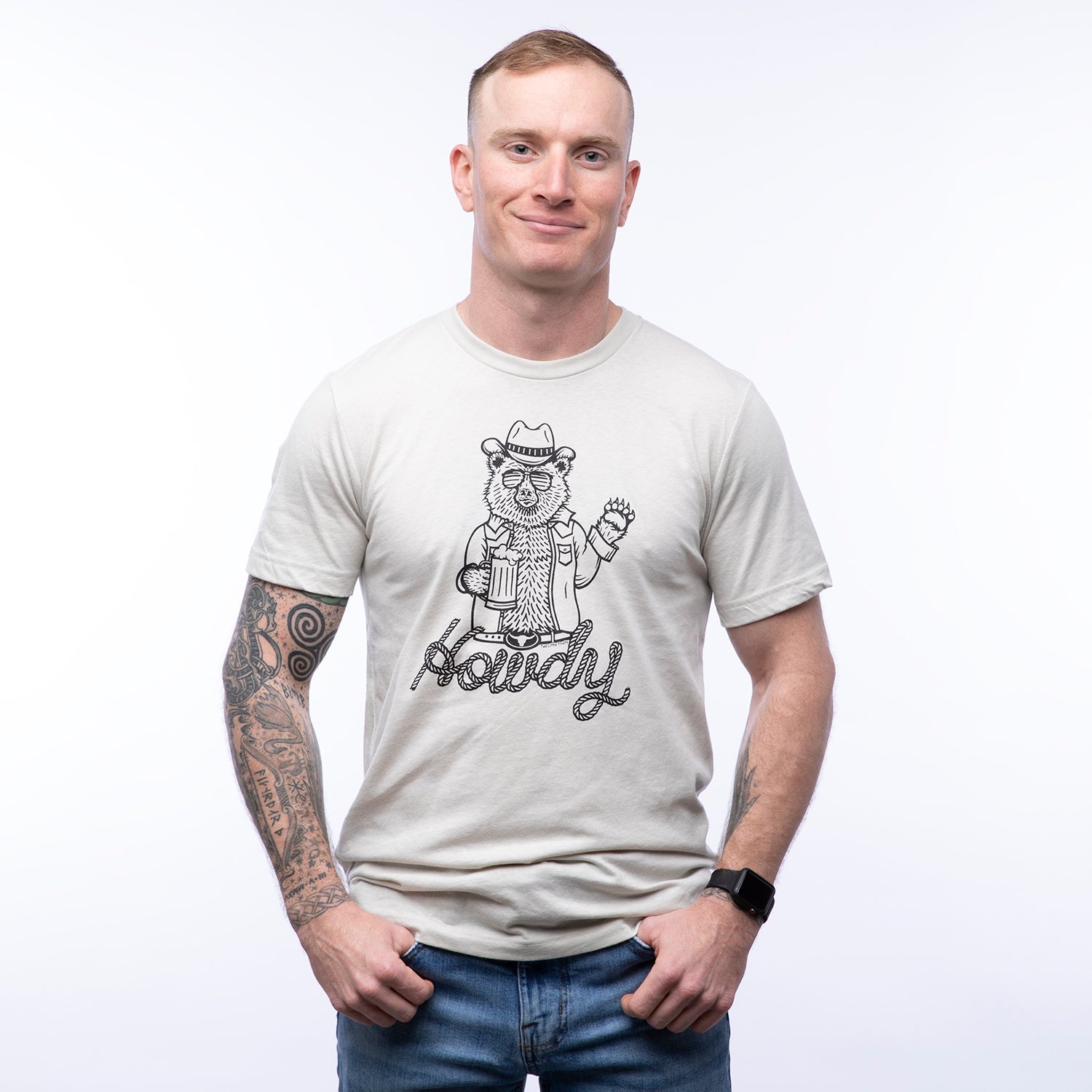 Unisex Cowboy Bear T-Shirt in Heather Cement Gray - Eco - Friendly & Soft Cotton Tee - Tee Shirts - Two Little Fruits - Two Little Fruits