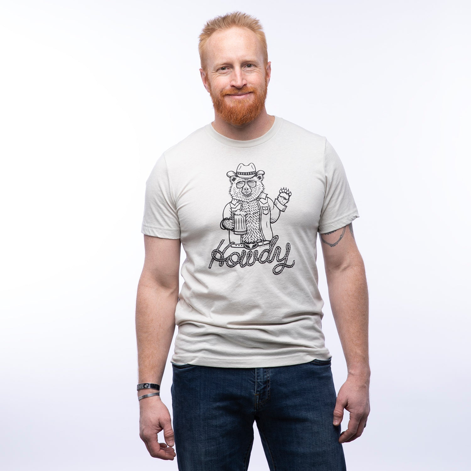 Unisex Cowboy Bear T-Shirt in Heather Cement Gray - Eco - Friendly & Soft Cotton Tee - Tee Shirts - Two Little Fruits - Two Little Fruits