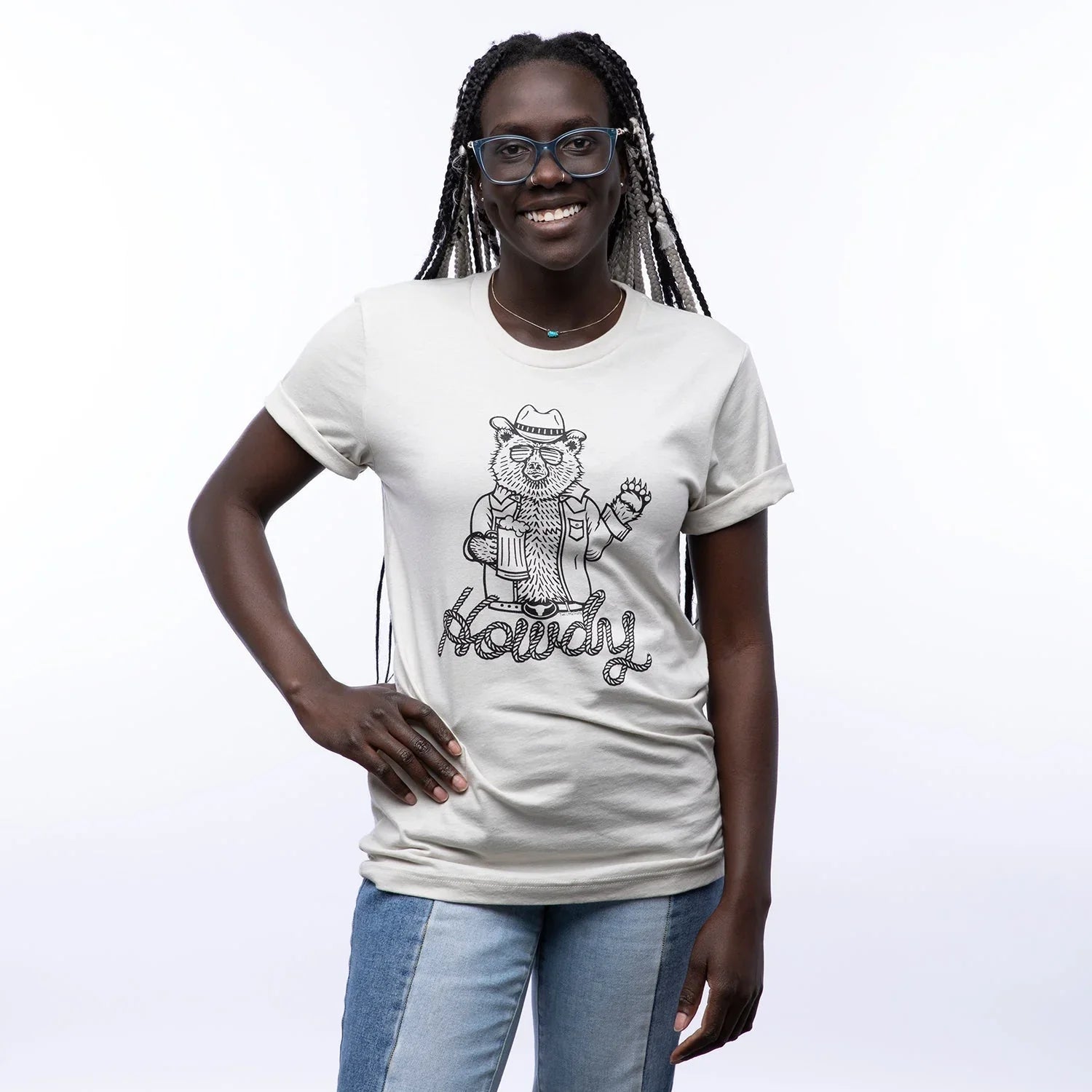 Unisex Cowboy Bear T-Shirt in Heather Cement Gray - Eco - Friendly & Soft Cotton Tee - Tee Shirts - Two Little Fruits - Two Little Fruits