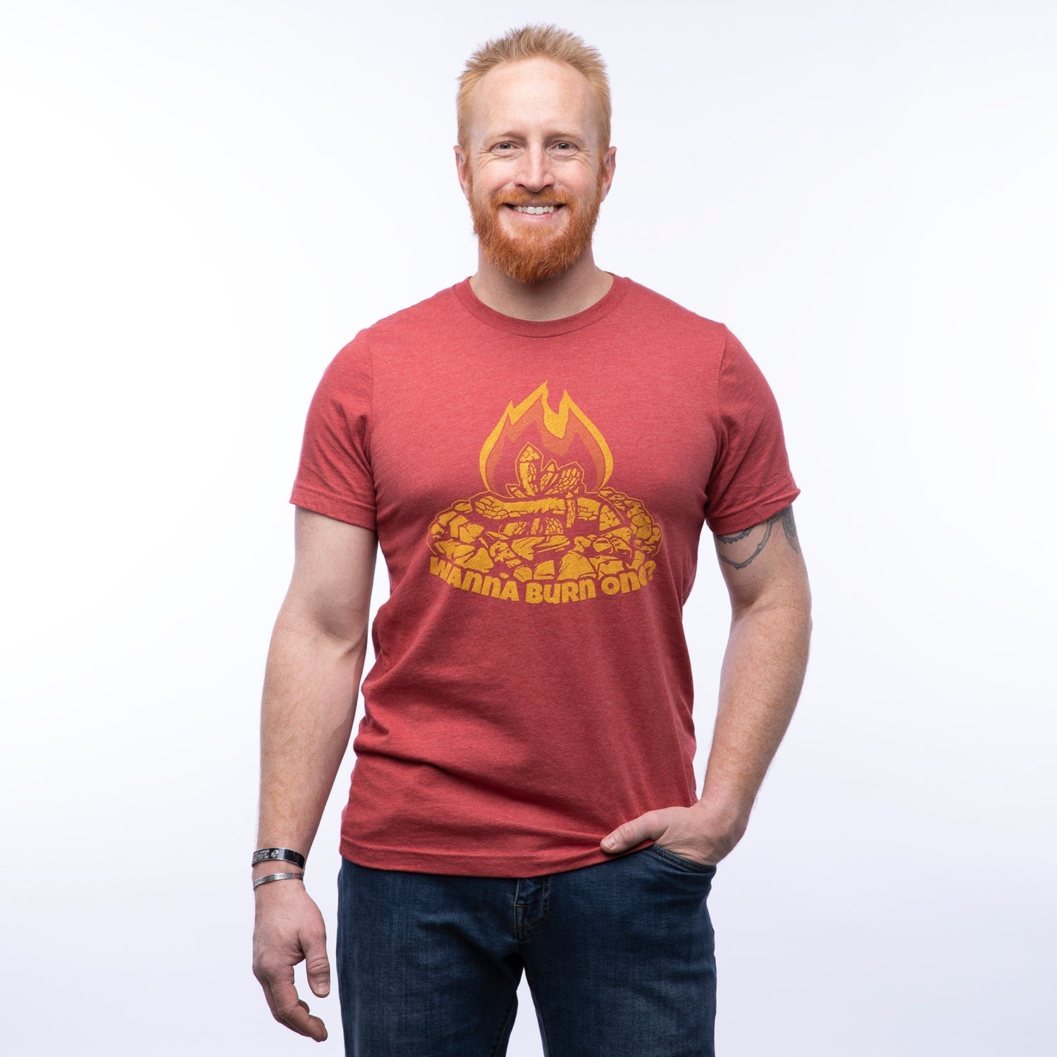 Wanna Burn One? Campfire Graphic T-Shirt - Unisex Red Tee with Eco - Friendly Ink - Tee Shirts - Two Little Fruits - Two Little Fruits