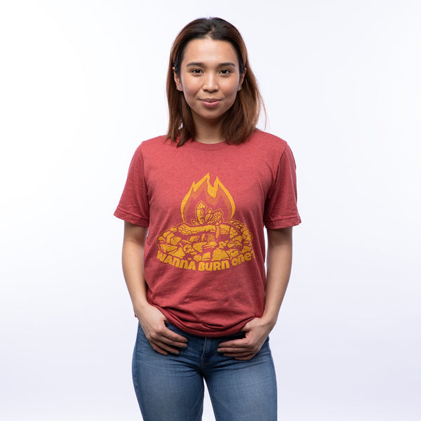 Wanna Burn One? Campfire Graphic T-Shirt - Unisex Red Tee with Eco - Friendly Ink - Tee Shirts - Two Little Fruits - Two Little Fruits