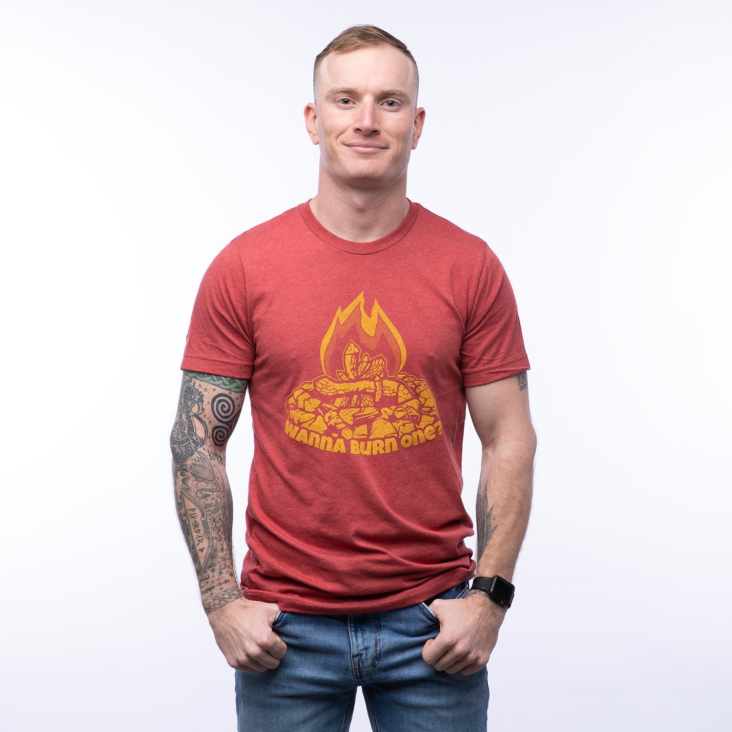 Wanna Burn One? Campfire Graphic T-Shirt - Unisex Red Tee with Eco - Friendly Ink - Tee Shirts - Two Little Fruits - Two Little Fruits